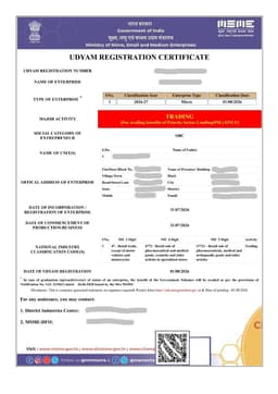 Sample MSME Udyam certificate