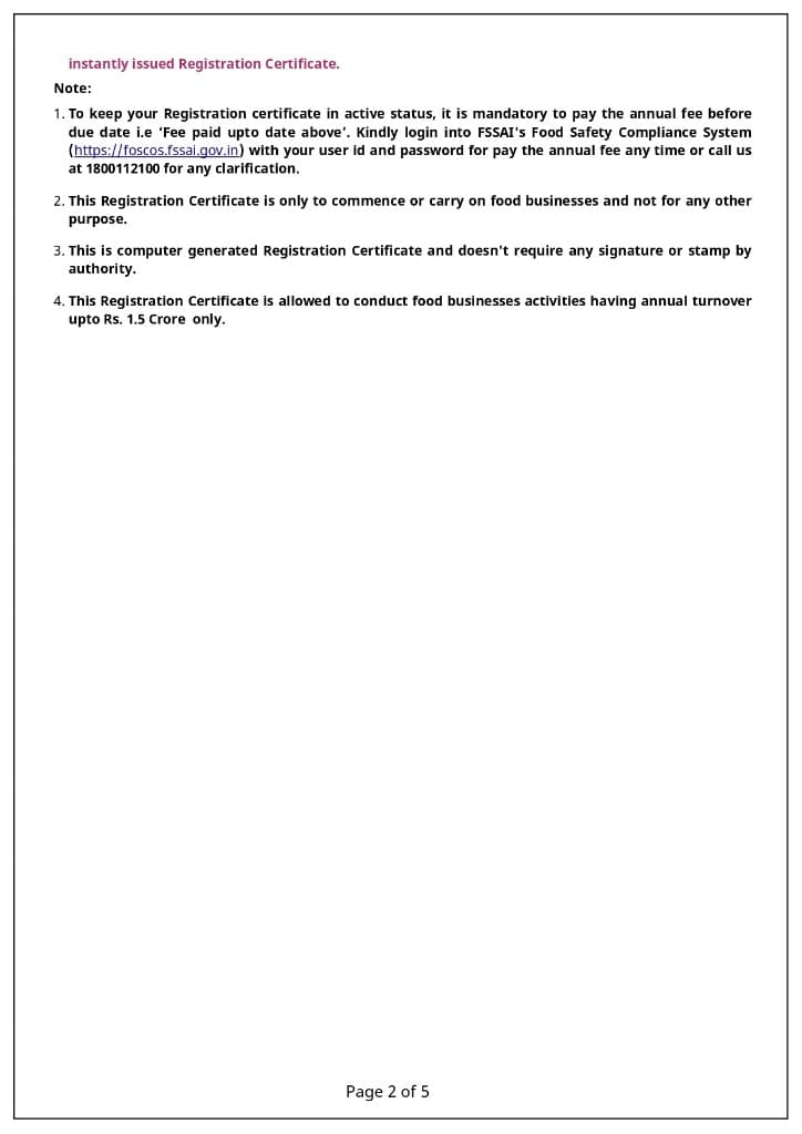 Sample FSSAI Registration Certificate page 2 notes
