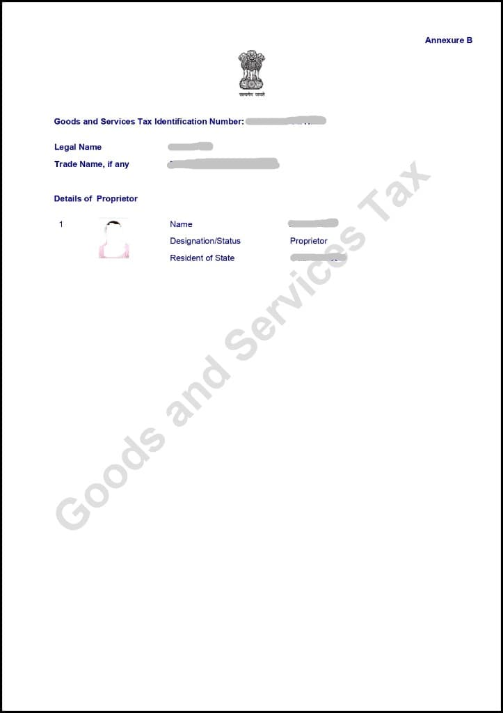 Sample GST Annexure B proprietor details